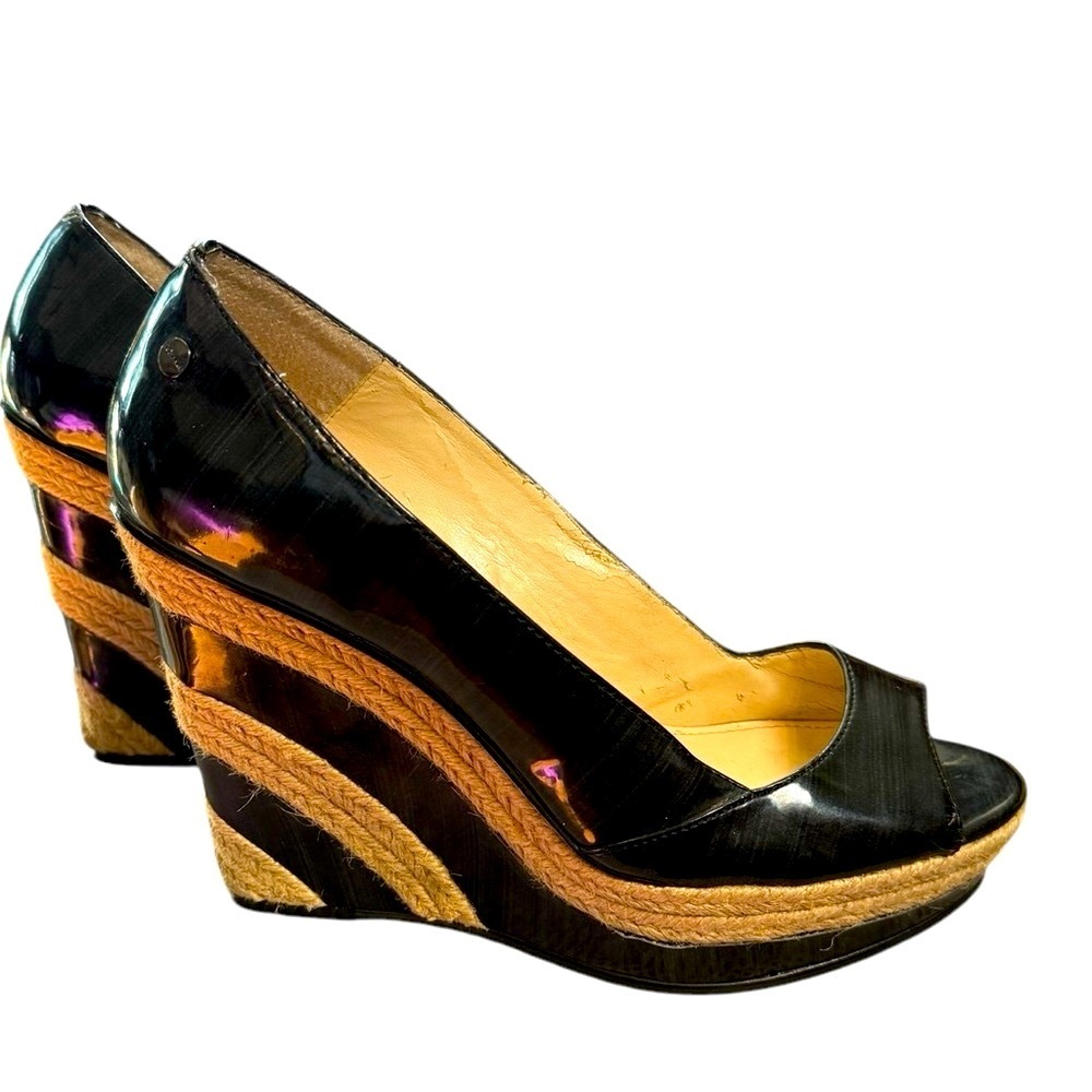 Calvin Klein Navy Patent Leather Heeled Wedge Espadrille Size 8.5 - Picture 2 of 10